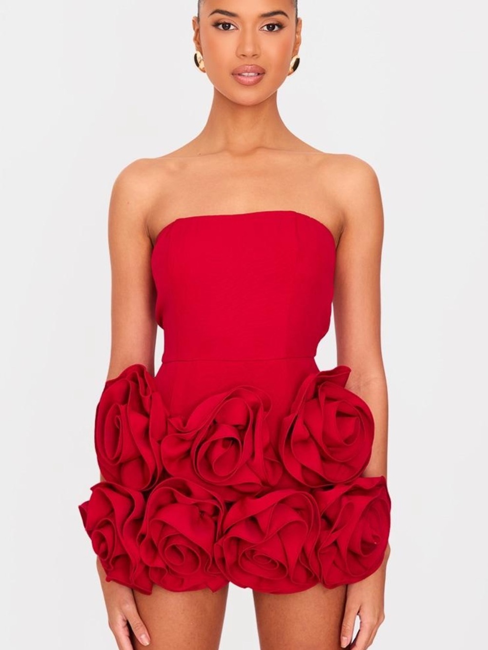 PrettyLittleThing Red Strapless Rose-Appliqué bandeau skort playsuit